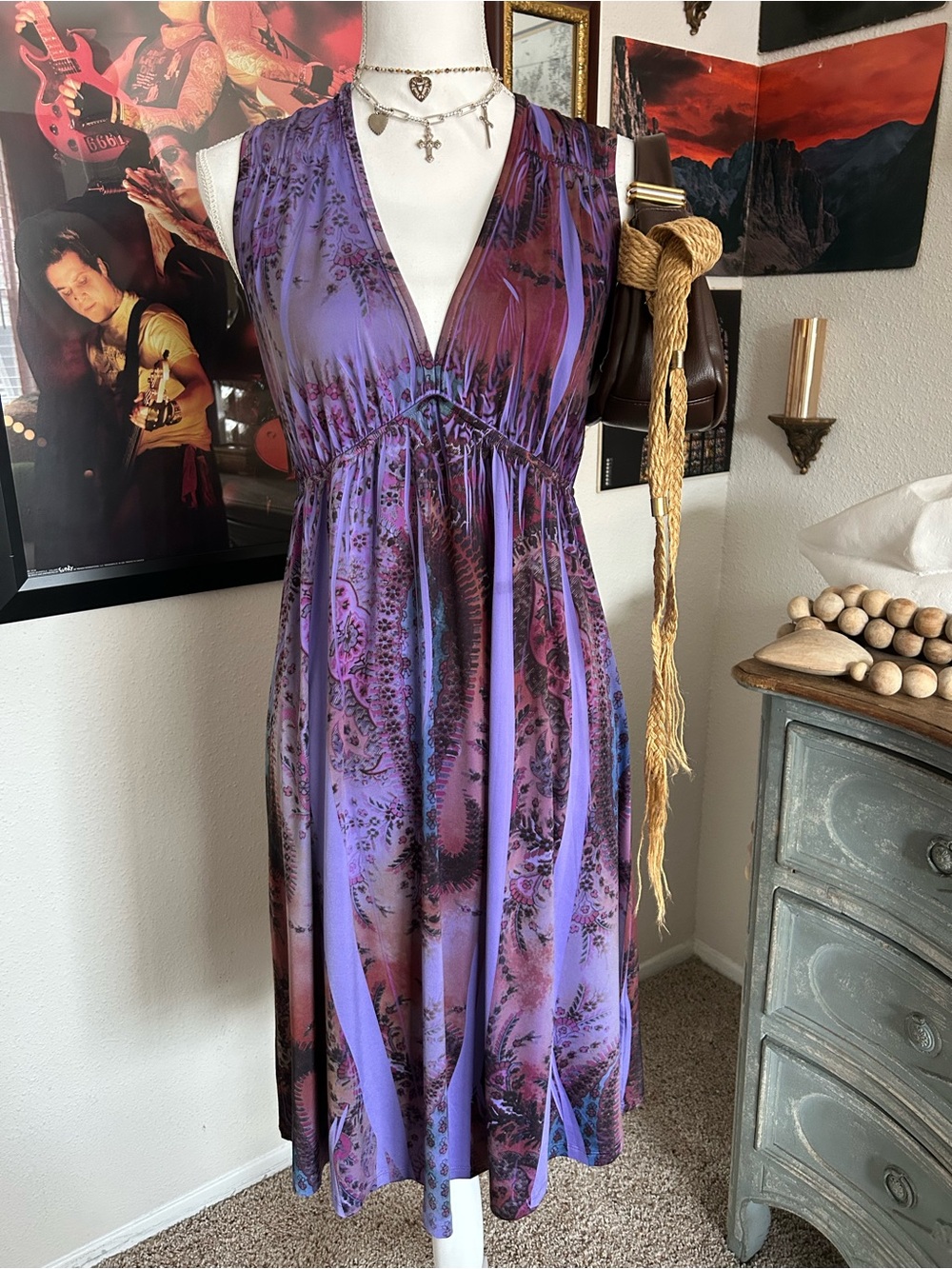 Vintage Fairy Grunge Y2K Graphic Print Dress Size M Purple Midi Whimsigoth Boho